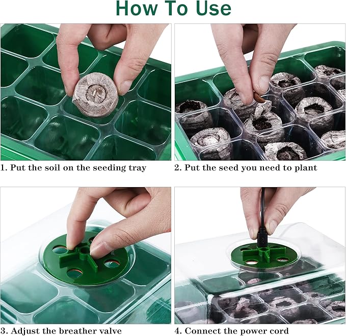 6 Pack Seed Starter Tray Kit with Grow Light and Humidity Dome Germination Trays, 72 Peat Pellets, Plant Labels, Gardening Tools, Green, Modern Style, 7.3 x 5.7 x 4.5 inches - Image 5