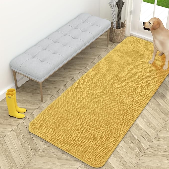 OLANLY Dog Door Mat for Muddy Paws 59x24, Absorbs Moisture and Dirt, Absorbent Non-Slip Washable Doormat, Quick Dry Chenille Mud Mat for Dogs, Entry Indoor Entryway Carpet for Inside Floor, Yellow by OLANLY