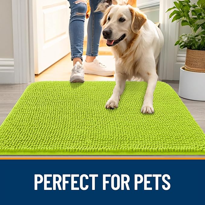 OLANLY Dog Door Mat for Muddy Paws 30x20, Absorbs Moisture and Dirt, Absorbent Non-Slip Washable Doormat, Quick Dry Chenille Mud Mat, Entry Indoor Entryway Carpet for Inside Floor, Bright Green - Image 6