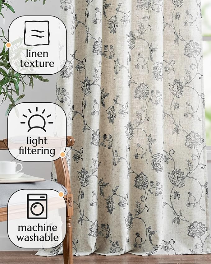 Jinchan Linen Floral Curtains 63 Inch Length for Living Room & Bedroom - Light Filtering Rod Pocket Back Tab Jacobean Curtains Flax Linen Texture Window Drapes Set 2 Panels Black on Linen - Image 4