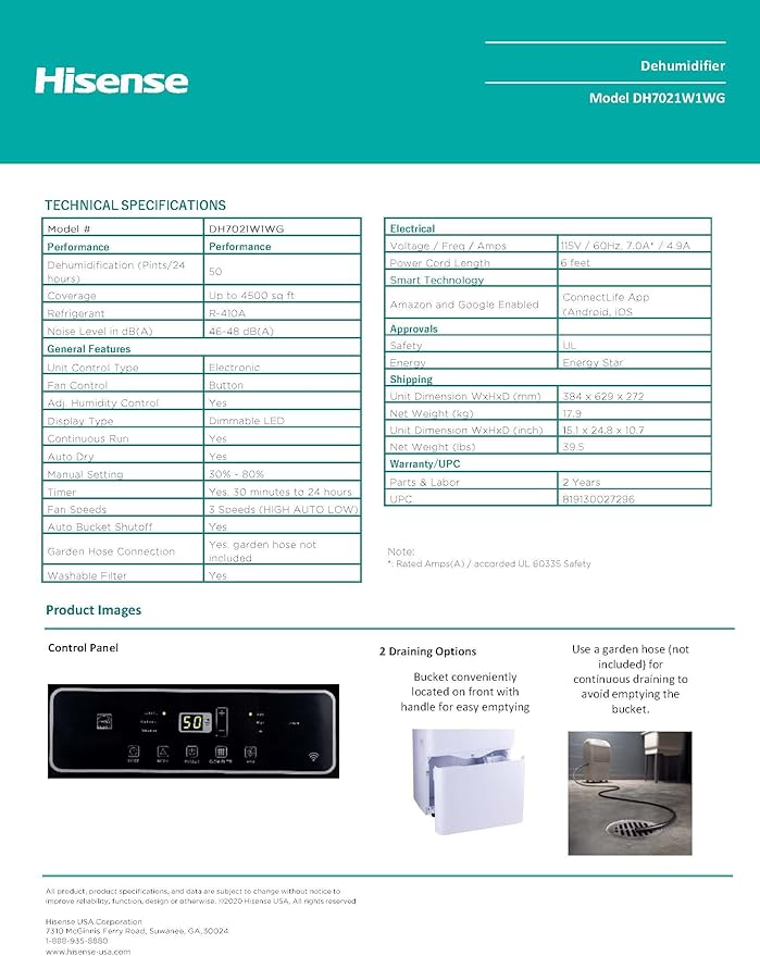 Hisense ConnectLife Smart Control 50 Pint 3-Speeds Dehumidifier, 3 Fan Speeds (High, Low, Auto), WiFi Enabled, Low Noise Airflow System 46 dB, 115v, Up to 4500 sq.ft, DH7021W1WG (Renewed) - Image 4