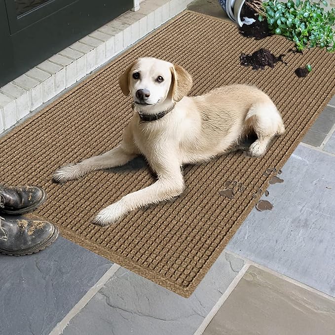 WaterHog Squares Front Door Mat Indoor Outdoor Entrance, Absorbent All-Weather Doormat with Non-Slip Rubber Backing, Dirt & Moisture Trapper, Low Profile, Easy Clean, Made in USA, 35.5"x59.5" Camel - Image 2