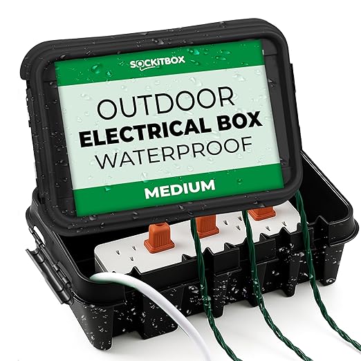 SockitBox – The Original Weatherproof Connection Box – Indoor & Outdoor Electrical Power Cord Enclosure for Timers, Extension Cables, Transformers, Power Strips, Lights, Tools & More – Medium – Black by SockitBox