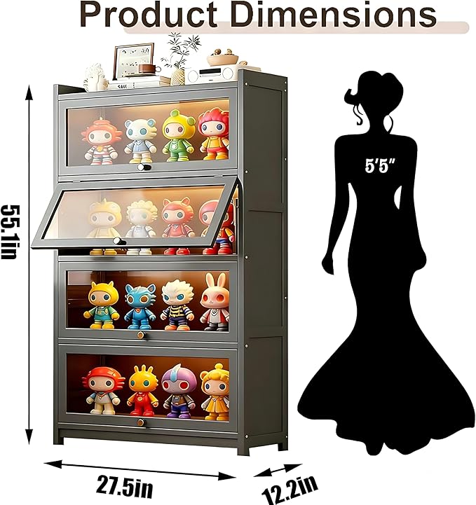 Curio Display Cabinet with Acrylic Glass Door, Large Capacity Storage Cabinet Collectibles Toy Organizers Rack & Display Shelf, Kids Bookshelf and Bookcase for Playroom, Bedroom - Image 2