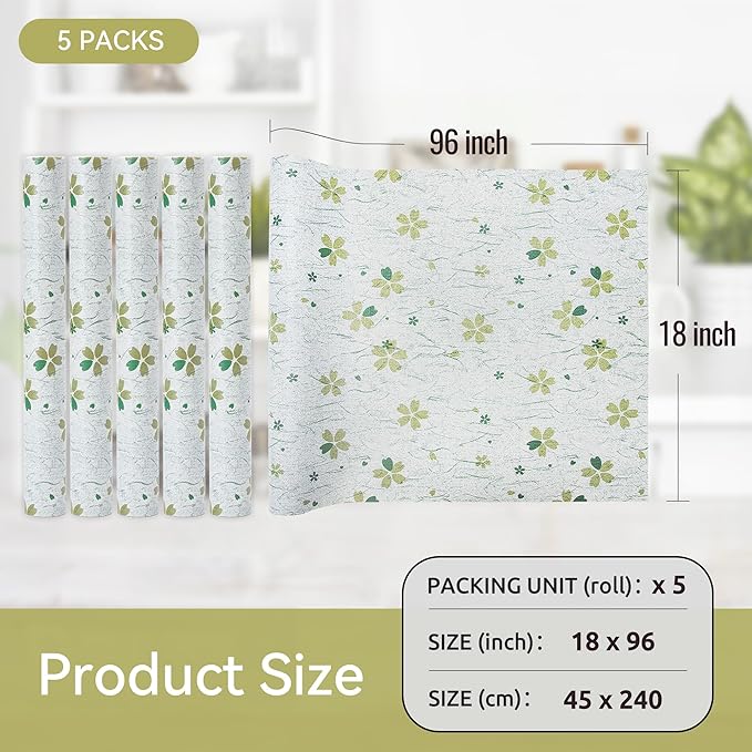 FIFTY FEET 18"x96" Non-Adhesive Shelf Liner for Kitchen Cabinets and Drawers, Washable Non-Slip PVC Cabinet Liner (Green Floral)(5 Roll) - Image 5