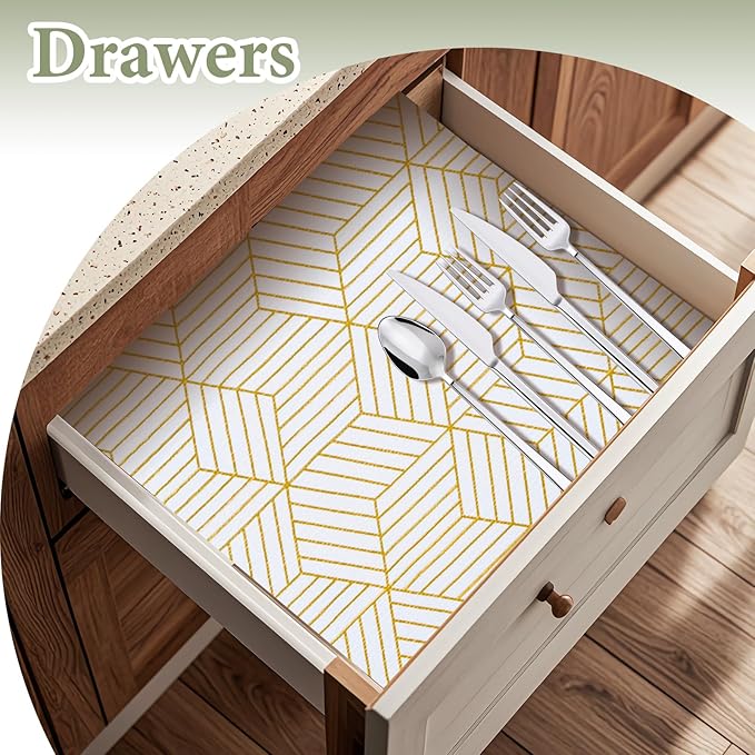 Shelf Liners for Kitchen Cabinets 12in x 40FT, Non Adhesive Cabinet Liner Strong Non-Slip Thickened Gold Geometric Drawer Liner, Easy to Clean for Shelf, Cabinet with Knife and Tape Measure - Image 3