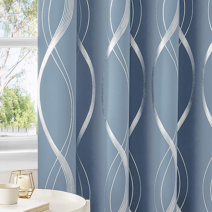 NICETOWN Vintage Blue 63" Length Curtains for Bedroom and Living Room, W52 x L63 inch, Light Filtering Wave Sliver Lines Foil Print Design Drapes Classical Home Decor, 2 Panels - Image 4