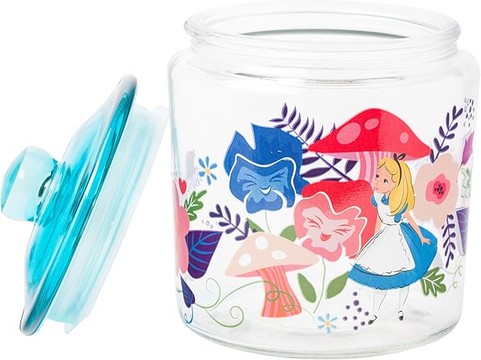 Silver Buffalo Disney Alice in Wonderland Flowers and Mushrooms Glass Cookie Snack Candy Jar with Lid (Small) - Image 2