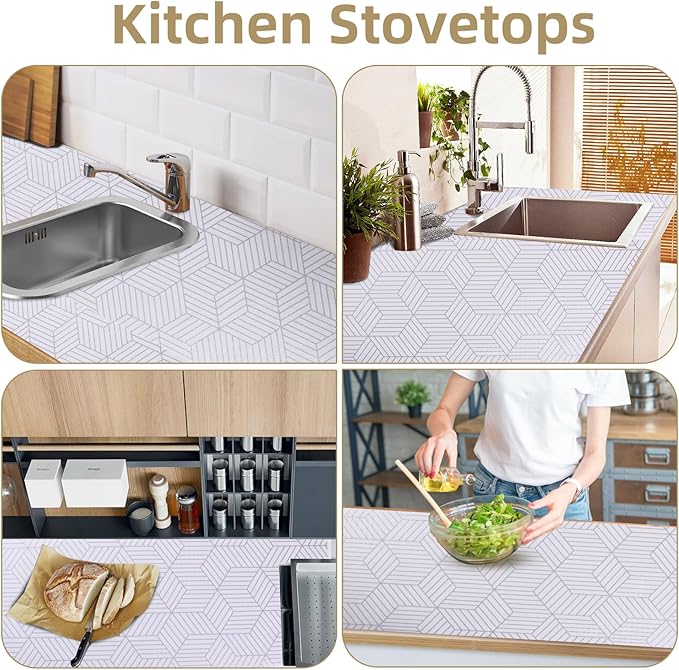 Shelf Liners for Kitchen Cabinets Non Adhesive Shelf Liner Paper Non-Slip Thickened Drawer Liner Easy to Clean for Tool Box Refrigerator with Knife and Tape Measure, Silver Geometric, 23.6 x 236.2 in - Image 6