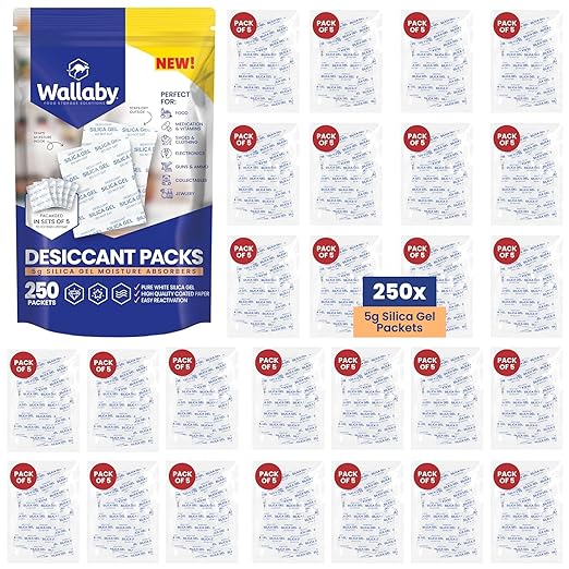 Wallaby 5 gram (250 Packets) Food Safe Pure White Silica Gel Desiccant Dehumidifier Packs - Rechargeable & Coated Moisture Absorbers - Protects Against Moisture Damage - (Packed in 50x Sets of 5) by WallabyGoods