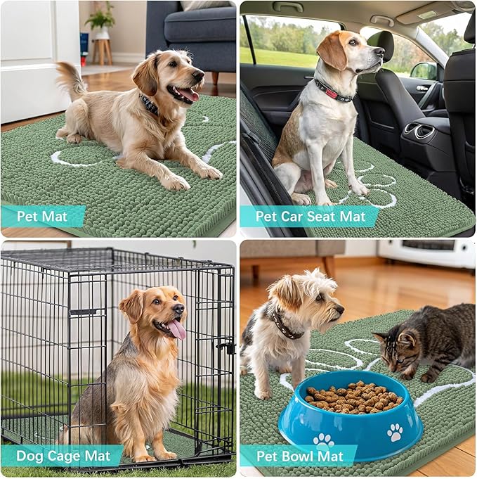 OLANLY Dog Door Mat for Muddy Paws 48x30, Paw Print Design, Absorbs Moisture and Dirt, Non-Slip Washable Doormat, Quick Dry Chenille Mud Mat, Entry Indoor Entryway Carpet, Olive Green and White - Image 7