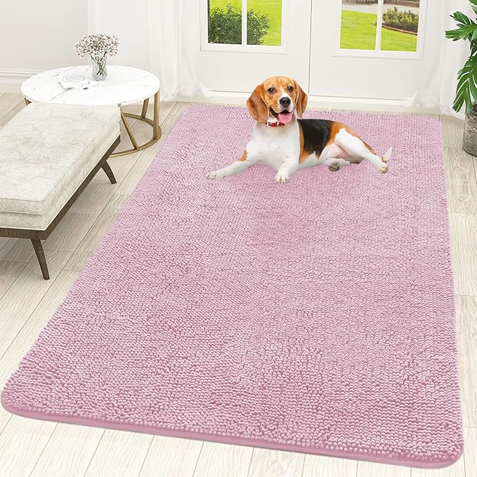 OLANLY Dog Door Mat for Muddy Paws 59x35, Absorbs Moisture and Dirt, Absorbent Non-Slip Washable Doormat, Quick Dry Chenille Mud Mat for Dogs, Entry Indoor Entryway Carpet for Inside Floor, Dusty Rose by OLANLY