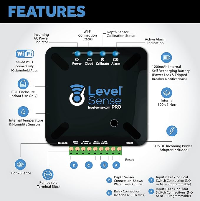 Pro Wi-Fi Enabled Sump Pump Alarm, Features Include: High Water Alarm, Water Leak Detector, Power Failure Detection, Temperature and Humidity Sensor - Image 2