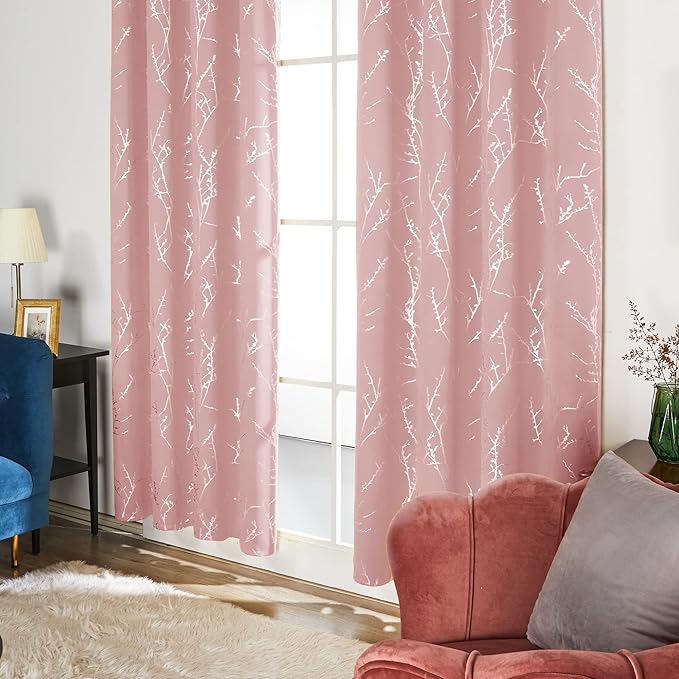 Deconovo Pink Curtains, Blackout Drapes, Thermal Insulated Soundproof Privacy Curtain, Silver Tree Print, 52 x 63 Inch, Machine Washable Window Panels for Girls Bedroom Living Room Nursery, Set of 2 - Image 4
