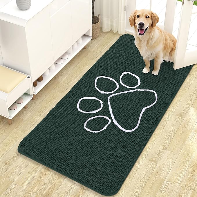 OLANLY Dog Door Mat for Muddy Paws 47x24, Paw Print Design, Absorbs Moisture and Dirt, Absorbent Non-Slip Washable Doormat, Quick Dry Chenille Mud Mat, Entry Indoor Entryway Carpet, Blackish Green by OLANLY