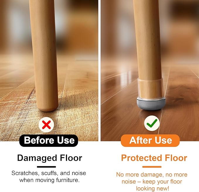 Chair Leg Floor Protectors for Hardwood Floors – Smooth Nylon Base Won’t Trap Cat or Dog Hair, Clear Silicone Caps No Scratch & Silent on Carpet & Tile (16 Pack, Fits 1" to 1-1/8") - Image 3
