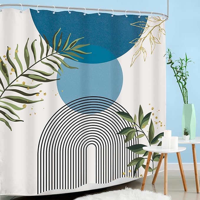 Blue Boho Modern Shower Curtain 72Wx72H Mid Century Abstract Gold Green Leaves Sun Arch Minimalist Geometric Aesthetic Plant Bathroom Decor Neutral Bath Curtain Fabric Polyester 12 Pack Hooks - Image 3