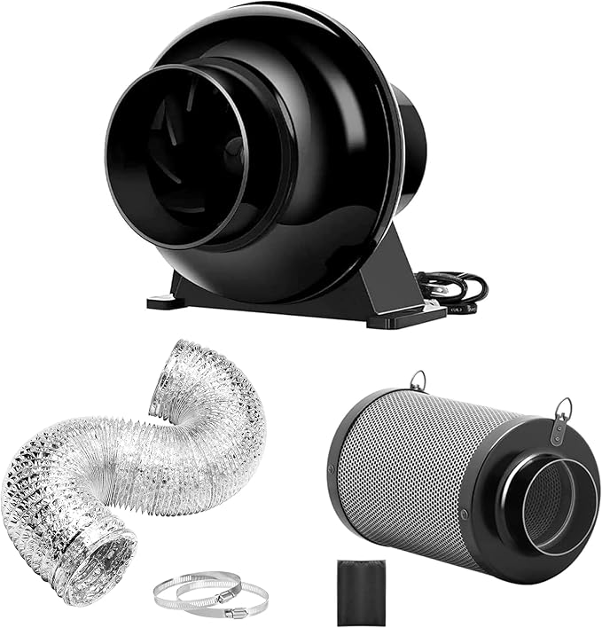 iPower 4 Inch 195 CFM Inline Fan, Air Carbon Filter, 8 Ft Al Foil Ducting for Grow Tent, Ventilation & HVAC Heating Cooling by iPower