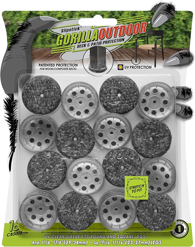 Slipstick GorillaOutdoor Berber Furniture Feet Pads with Clear Sleeve Sock, Weatherproof Outdoor Furniture Floor Protector Sliders (Universal Medium x 16) by Slipstick