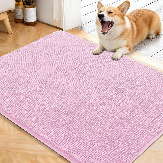 OLANLY Dog Door Mat for Muddy Paws 40x32, Absorbs Moisture and Dirt, Absorbent Non-Slip Washable Doormat, Quick Dry Chenille Mud Mat for Dogs, Entry Indoor Entryway Carpet for Inside Floor, Pink by OLANLY