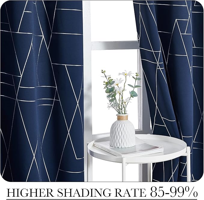 NICETOWN Blackout Curtain Panels 84 inches Long, Window Treatment Foil Printed Line Pattern Thermal Insulated Grommet Blackout Drapes for Living Room/Office/Guest Room (Navy, 1 Pair, 52 inches Wide) - Image 3
