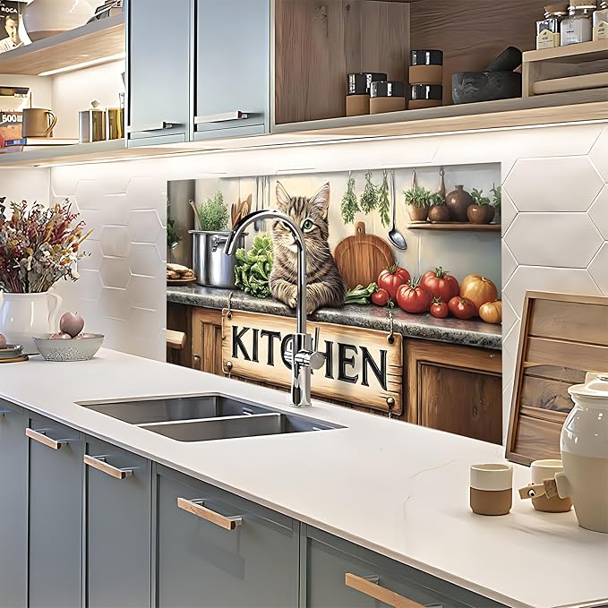 NYZE Kitchen Backsplash Stickers Waterproof Stove Backsplash Protector, 30 X 16 inch Removable Kitchen Wallpaper with Wall Art Decor for Stove Cooking Area(Kitchen Cat) - Image 7