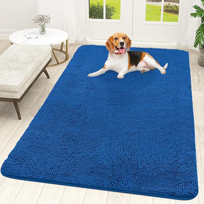 OLANLY Dog Door Mat for Muddy Paws 59x35, Absorbs Moisture and Dirt, Absorbent Non-Slip Washable Doormat, Quick Dry Chenille Mud Mat, Entry Indoor Entryway Carpet for Inside Floor, Deep Navy Blue by OLANLY