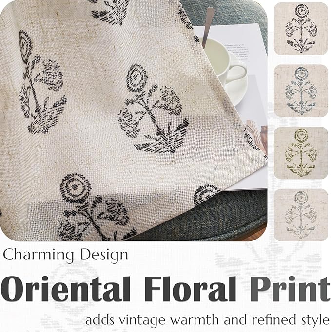jinchan Linen Floral Curtains for Living Room 63 Inch Length Black Flower Cottage Core Farmhouse Curtains Rod Pocket Back Tab Boho Semi Sheer Window Drapes Bedroom Set 2 Panels Black on Beige - Image 5