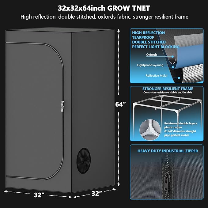 Upgrade Integrated Auto Grow Tent Kit Complete Kit, S1000 LED Grow Light, 32"x32"x64" Grow Tent, 4“ Ventilation with Inline Fan, Carbon Filter, Irrigation Kit, Humidifier and Clip Fan - Image 5