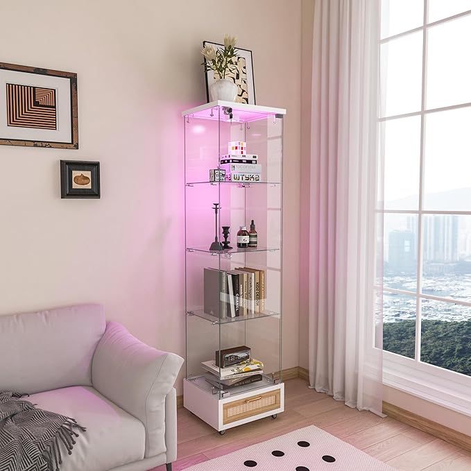Yoluckea 4-Tier Glass Display Cabinet with LED Lighting and Drawer, 1-Door Floor Standing Curio Cabinet with Wheel for Home, Office, Corner Display, White Glass Bookshelf for Collections and Decor by Yoluckea