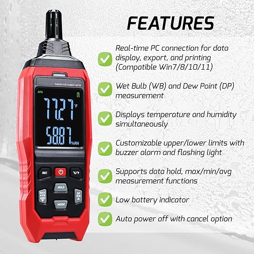 Humidity and Temperature Meter Data Logger Digital Psychrometer HVAC, Wet Bulb Thermometer Record 4000pcs Data and Export, Large LCD Humidity Tester Dew Point Meter with Indicator and Buzzer Alarm - Image 3