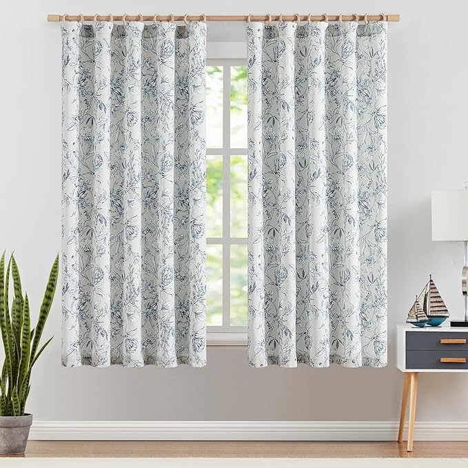 jinchan Floral Curtains 63 Inch Length Blue Flower Linen Farmhouse Curtain for Living Room French Country Vintage Curtain Rod Pocket Curtains Set 2 Panels Blue Floral Printed - Image 2