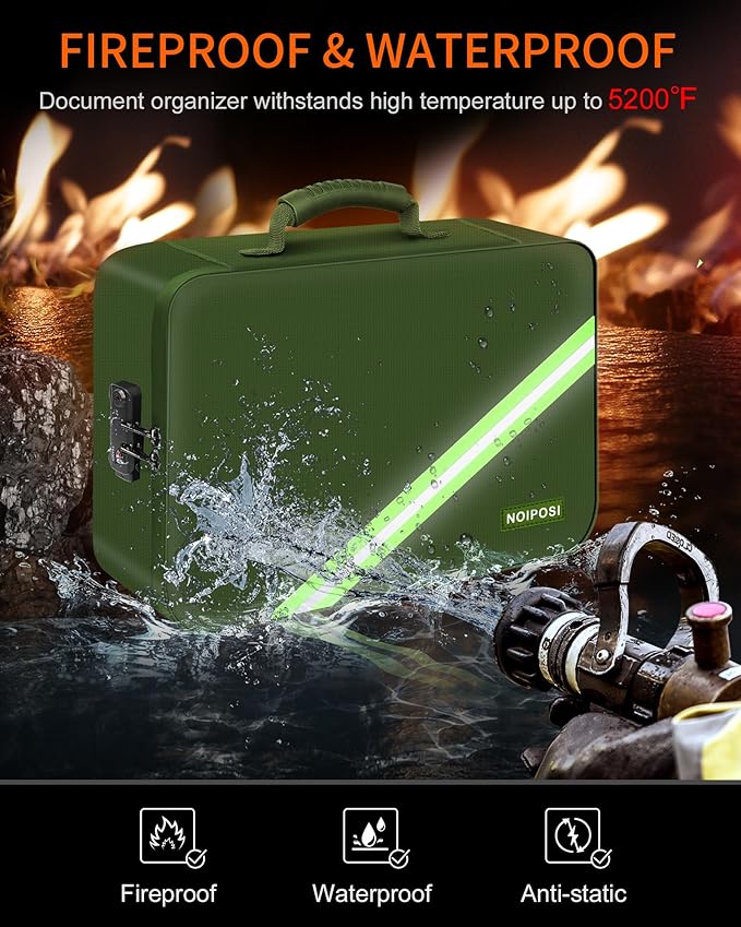 Noiposi Important Document Organizer, Waterproof and Fireproof Document Box with 7 Pockets File Folder,Portable Home Fire Safe Storage Box Case with Lock for Documents,File and Card,Green - Image 2