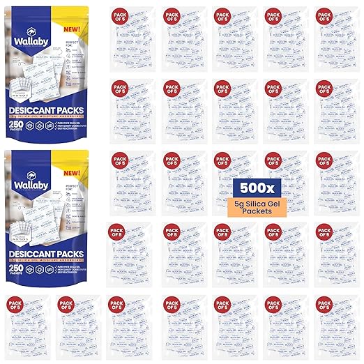 Wallaby 5 gram (500 Packets) Food Safe Pure White Silica Gel Desiccant Dehumidifier Packs - Rechargeable & Coated Moisture Absorbers - Protects Against Moisture Damage - (Packed in 100x Sets of 5) by WallabyGoods