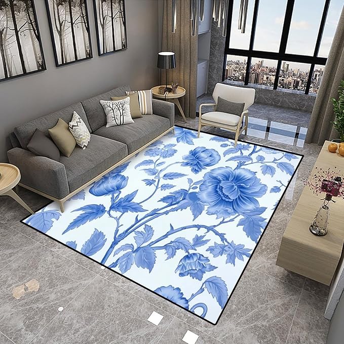 Vintage Blue Peony Design Printed Rug - Foldable Area Rug for Living Room/Bedroom - Fade, Flame, and Stain Resistant, Quick Dry, Waterproof Floor Carpet, 24 x 36 Inch, L-2312-102_60x90 - Image 4