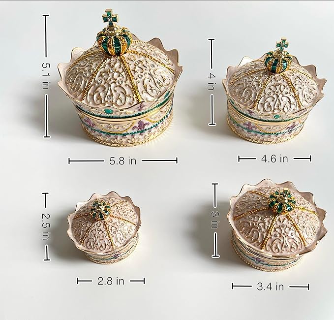 Crown Shape Jewelry Chest,Yurt Style Vintage Metal Gem Box,Round Alloy Retro Patterned Storage Case (Golden White, M) - Image 4