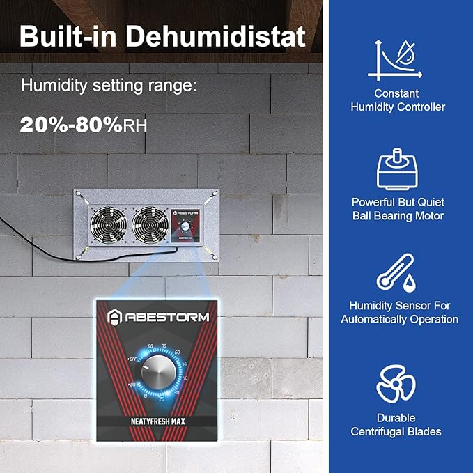 Abestorm Crawlspace Ventilation Fan with Humidistat, Basement Vent Fans with Dehumidistat & Freeze Protection Thermostat, Dual Air Vent Fan for Basement/Kitchen (220 CFM Airflow) - Image 3