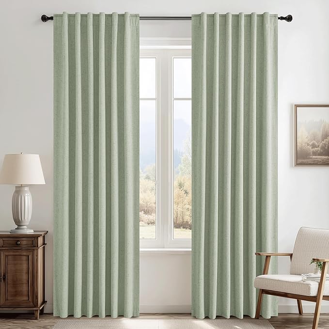 RYB HOME 100% Blackout Sage Green Linen Curtains, Extra Long Light & Heat Blocking Thermal Privacy Protection Neutral Window Drapes for Living Room Bedroom, 52" W x 108" L, 2 Panels Set by RYBHOME
