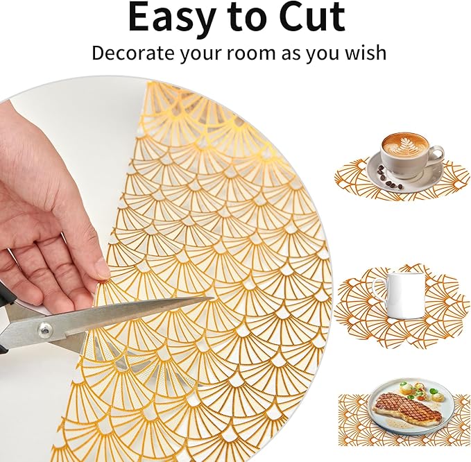 Shelf and Drawer Liner for Kitchen Cabinet,Non-Adhesive Waterproof Oil-Proof Easy Clean Shelf Liner for Dresser & Bathroom Vanities with Adhesive Dots & Cutting Tool(12 in X 20 Ft Gold Fish Scale) - Image 8