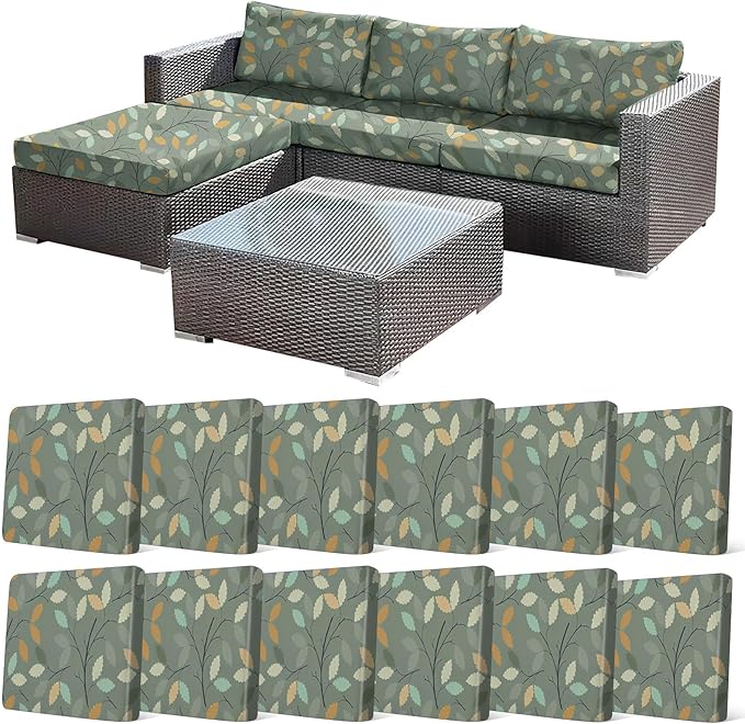 12Pcs Stretch Patio Cushion Cover for Autumn, Couch & Sofa Slipcovers for Patio Furniture Cushions Washable Reusable Couch Covers Replacement Fall Home Decor (Green Leaf Printed, Cover Only) by CALBODE