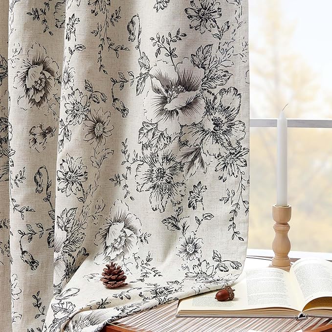 jinchan Blackout Linen Blend Curtain Floral Blackout Curtains for Living Room 96 Inch Length Black Printed with Lined Blackout Curtain for Bedroom Farmhouse Curtains Set 2 Panels - Image 3