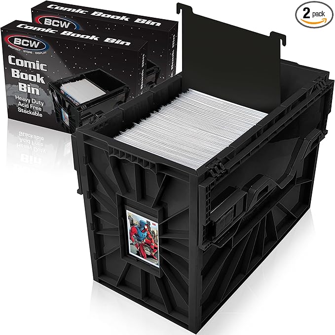 BCW Short Comic Book Bin | Holds 150 Comics | Stackable Plastic Storage | Acid-Free Organizer | Black, 2 Pack | Comic Book Bin by BCW