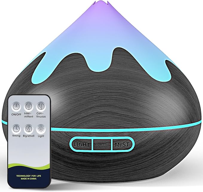 500ML Essential Oil Diffuser, Aromatherapy Diffuser with Remote Control, Multifunctional Air Diffusers for Home Office Room, Fragrance Aroma Diffuser with 7 Color LED & 2 Mist Mode, Black by Unknown