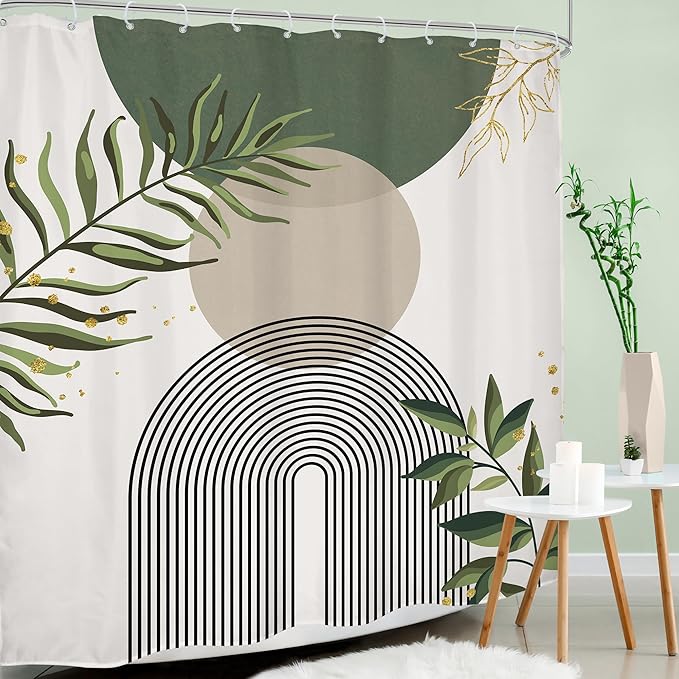 Sage Green Boho Shower Curtain 72Wx78H Modern Abstract Green Gold Leaves Bohemian Plant Botanical Minimalist Arch Bathroom Decor Geometric Neutral Bath Curtain Fabric Polyester 12 Pack Hook - Image 3
