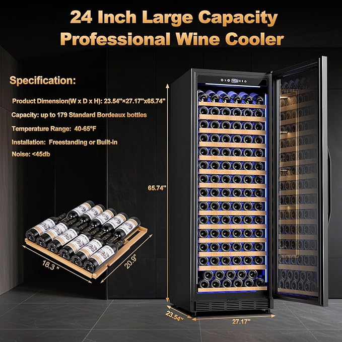 24 Inch Wine Cooler Refrigerator,179 Bottles Wine Fridge Large Capacity Professional Wine Cellars with Powerful Compressor,Quiet Operation and Elegant Design, Black - Image 4