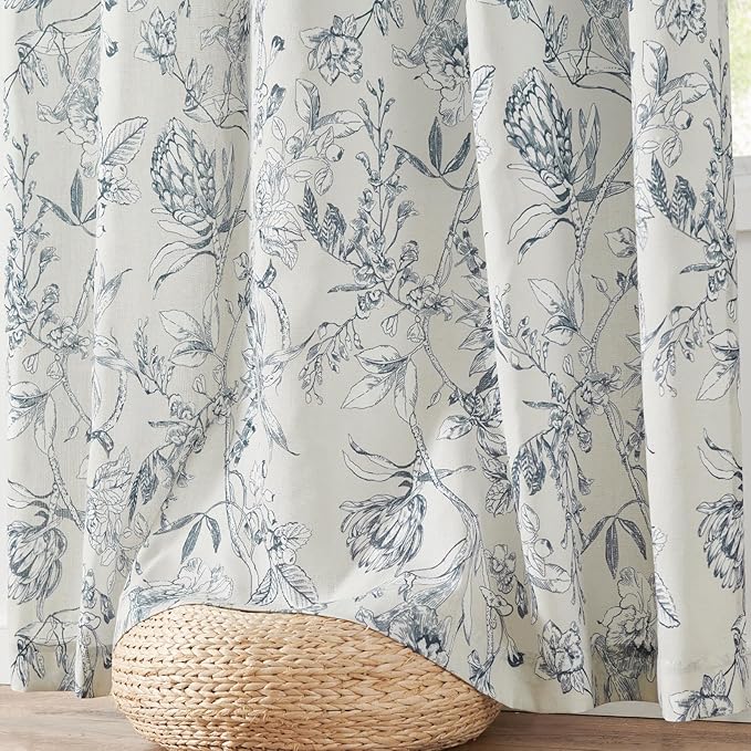 jinchan Floral Curtains 63 Inch Length Blue Flower Linen Farmhouse Curtain for Living Room French Country Vintage Curtain Rod Pocket Curtains Set 2 Panels Blue Floral Printed - Image 7