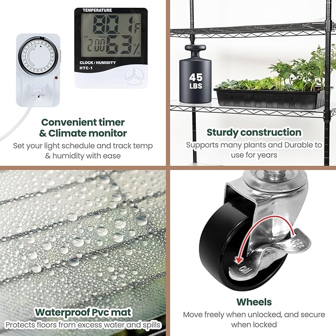SOLIGT Indoor Greenhouse with Grow Lights - 5 Tier Plant Shelf & 8 x 2FT 6000K Full Spectrum Lights, Thick PVC Cover, Mesh Ventilation, Mini Small Greenhouse Cabinet for Seed Starting Seedlings Growth - Image 6