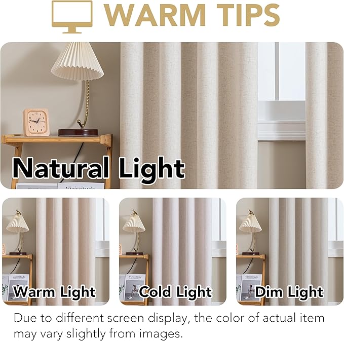 H.VERSAILTEX Linen Curtains 100% Blackout Curtains for Bedroom 102 inch Long Full Light Blocking Nature Linen Blended Window Curtains for Living Room Nickel Grommet (2 Panels, Heathered Natural) - Image 4