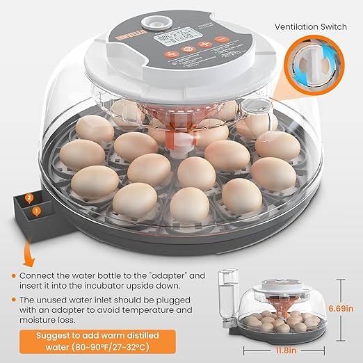 18 Egg Automatic Egg Incubator for Hatching Eggs, Chicken Egg Incubator with Auto Egg Turning, Humidity & Temperature Control, Hatch Day Counter, Egg Candler, 2 Egg Trays & External Water Bottles - Image 6