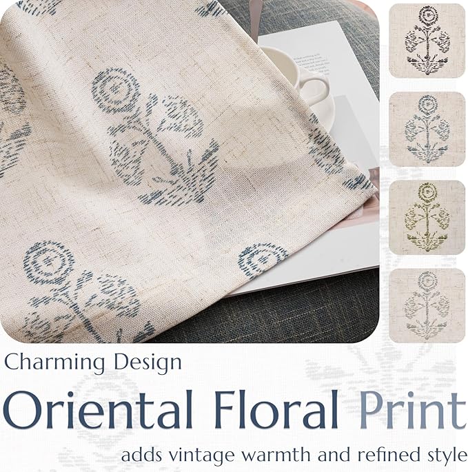 jinchan Linen Floral Curtains for Living Room 63 Inch Length Blue Flower Cottage Core Farmhouse Curtains Rod Pocket Back Tab Boho Semi Sheer Window Drapes Bedroom Set 2 Panels Blue on Beige - Image 5